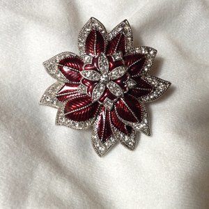 Signed MONET PIN BROOCH Enamel Rhinestone Poinsettia Christmas Holiday
